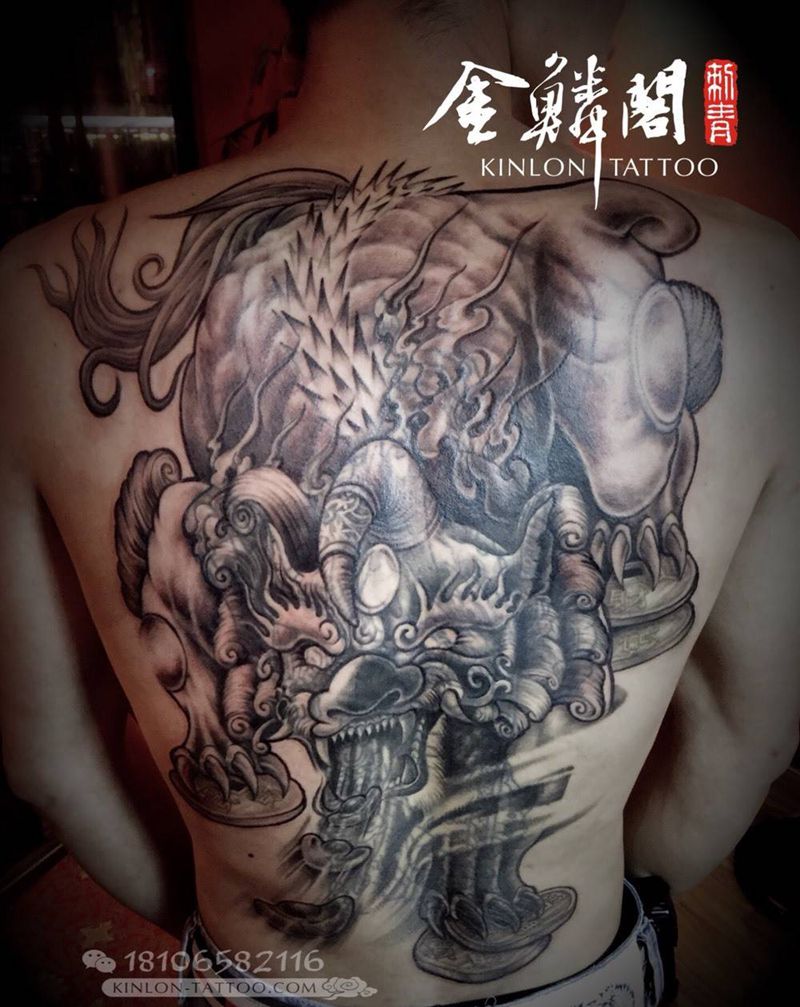 遮盖满背貔貅纹身图片_成品背部传统鬼神纹身图案