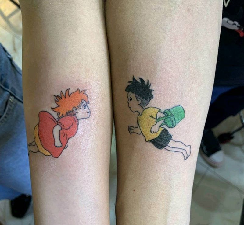 波妞与宗介纹身图片_手部水彩小清新纹身图案