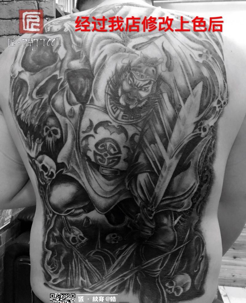 修改旧纹身&上色纹身图片_背部成品传统鬼神人物纹身图案