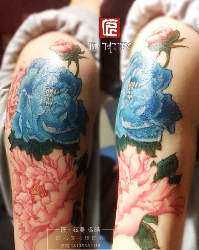 原創牡丹工筆畫遮蓋纹身图片_成品手臂习俗国画传统植物原创静物纹身图案