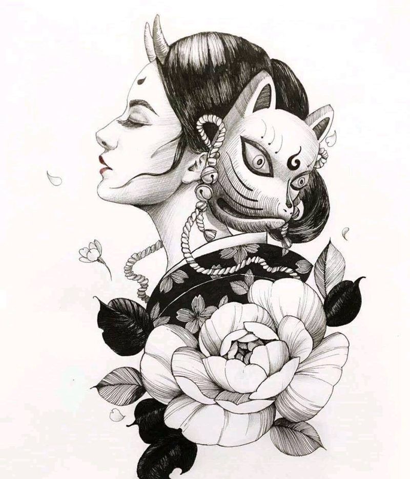 面具艺妓纹身图片_新传统纹身图案