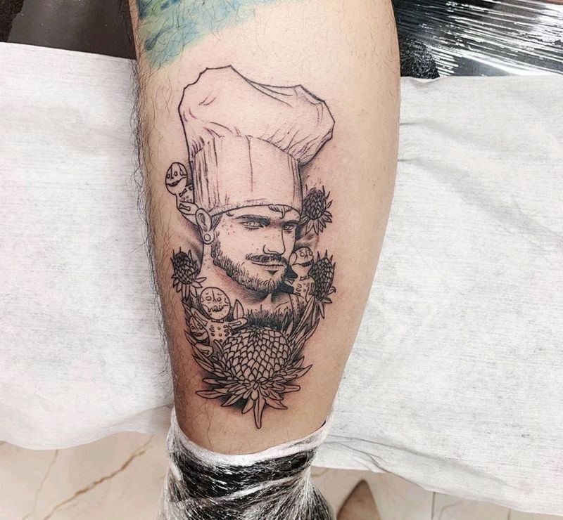 面点师是我纹身图片_腿部点刺线条纹身图案