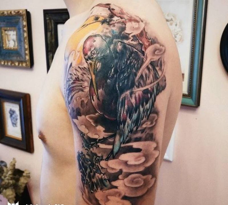 鹤 遮盖作品纹身图片_肩部手臂新传统纹身图案