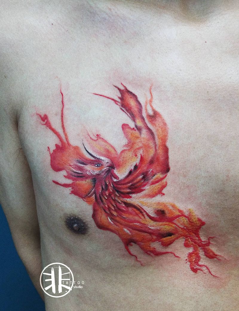 涅槃重生纹身图片_胸部腹部水彩水墨凤凰涅槃重生纹身图案