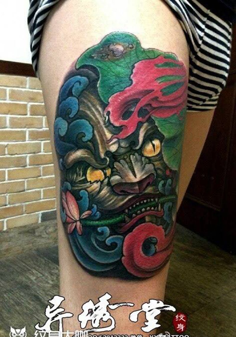 唐狮纹身图片_成品脚部腿部传统动物宗教纹身图案