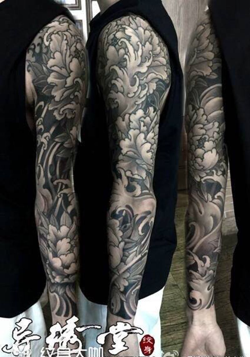 牡丹花臂纹身图片_成品手臂传统植物原创纹身图案