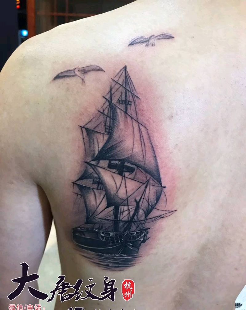 帆船纹身图片_背部纹身图案