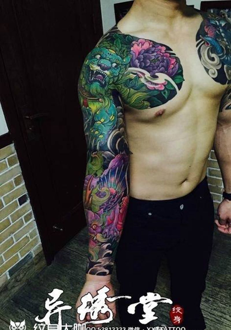 传统彩色花臂纹身图片_成品胸部手臂手部传统清新动物植物原创纹身图案