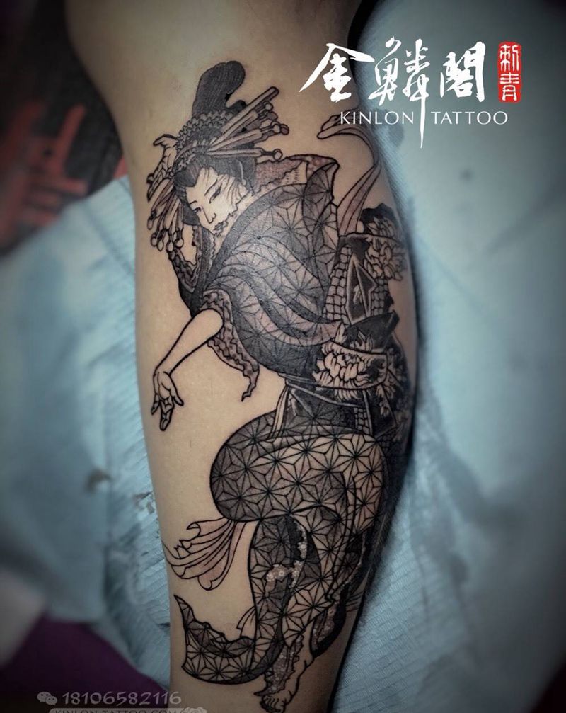 原创传统艺妓纹身图片_成品腿部传统人物原创纹身图案