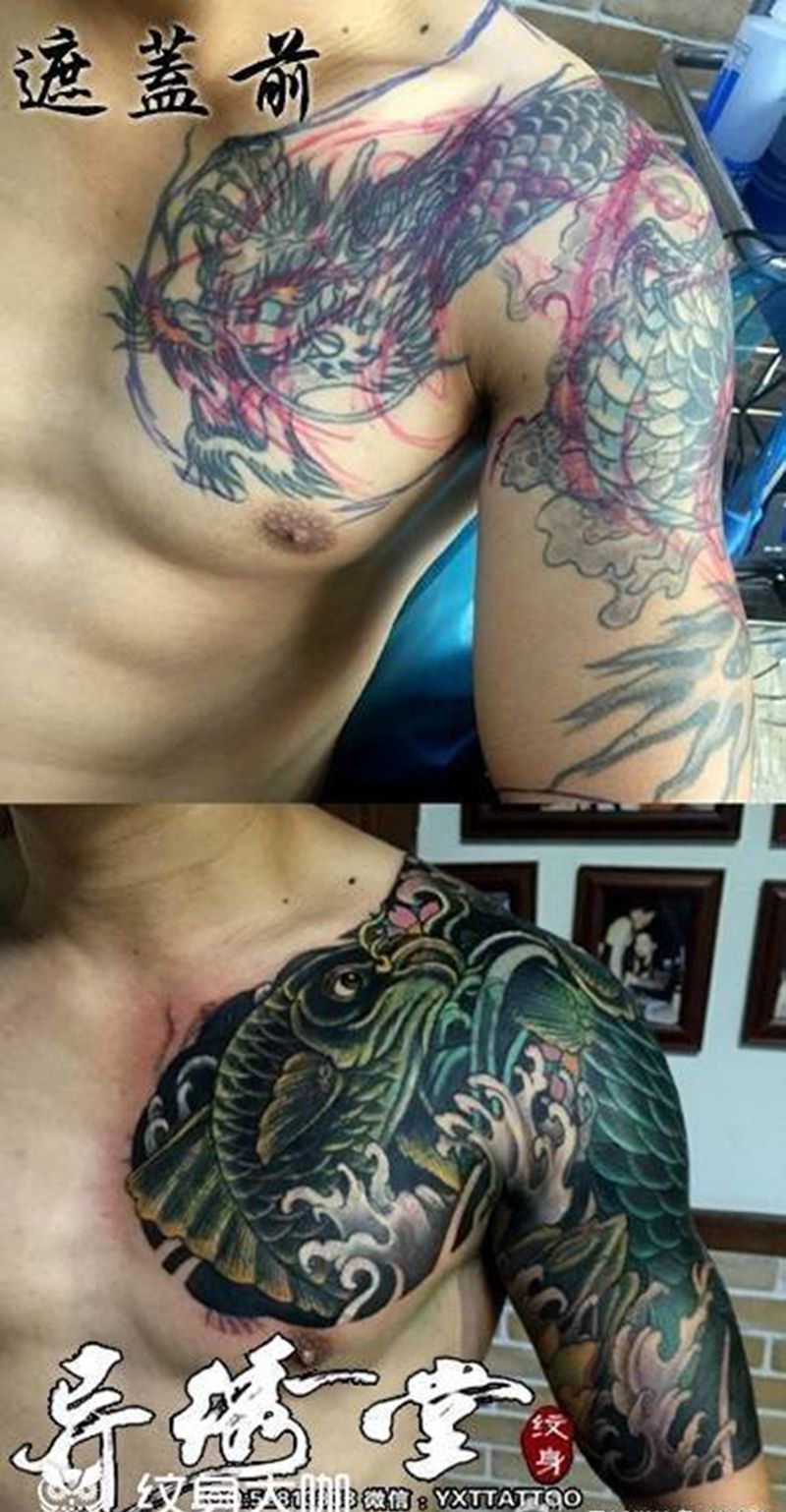半甲遮盖纹身图片_成品肩部胸部手臂传统动物纹身图案