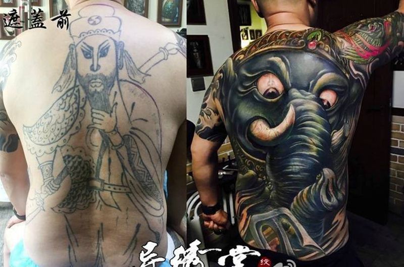象神遮盖关公纹身图片_成品动物鬼神背部纹身图案