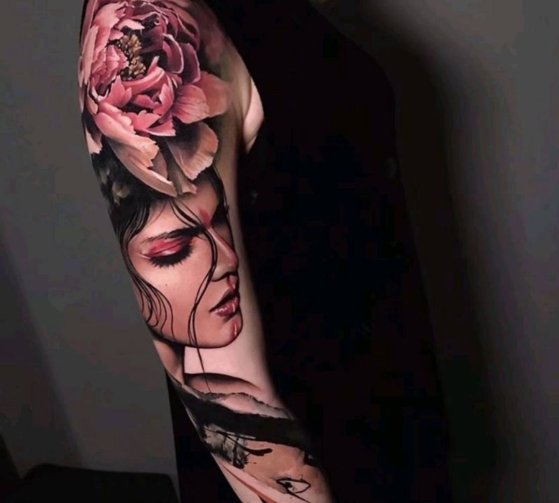 欧美炫彩花臂纹身图片_手臂水彩欧美写实纹身图案