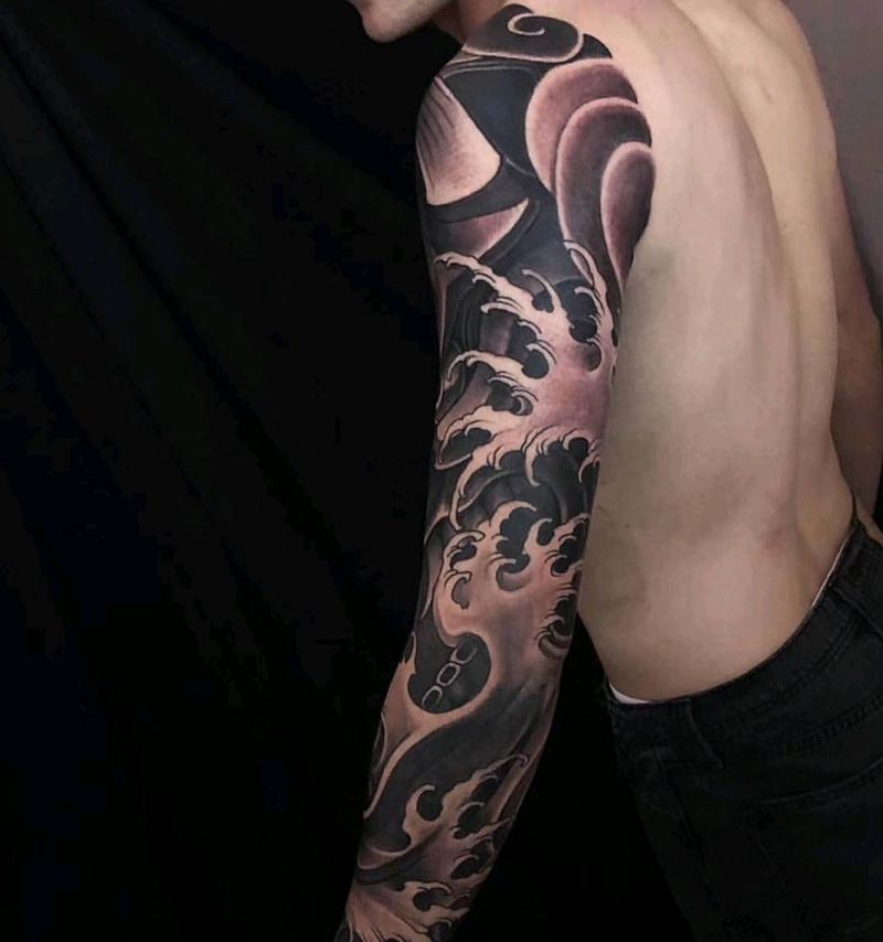 浪花纹身纹身图片_腿部手部水彩老传统纹身图案