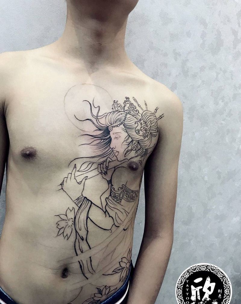 艺伎纹身图片_腹部胸部老传统纹身图案