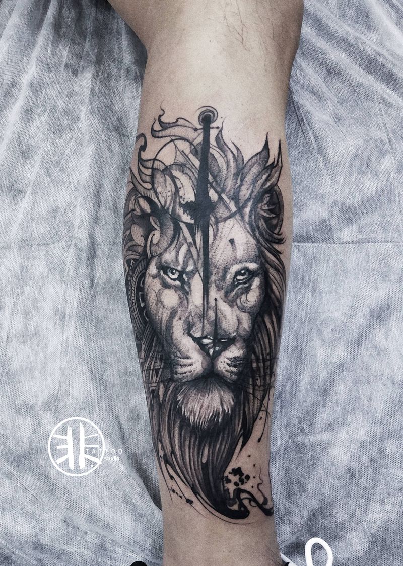 草稿风-雄狮纹身图片_腿部欧美写实点刺素描写实狮子纹身图案