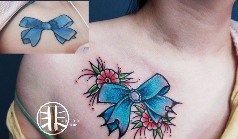 修改添加旧纹身纹身图片_胸部肩部New SchoolOld School蝴蝶结纹身图案