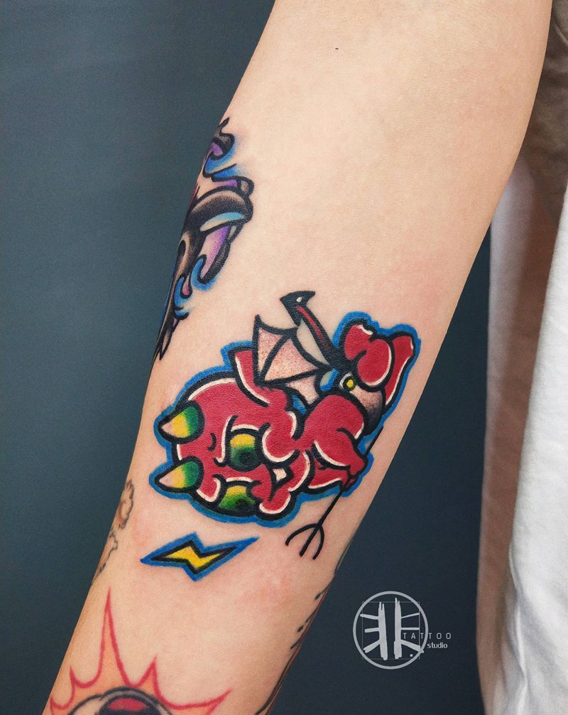 小恶魔纹身图片_手臂Old School小恶魔花臂拼接纹身图案