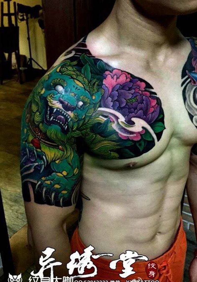 唐狮牡丹半甲纹身纹身图片_成品胸部传统国画动物植物宗教原创纹身图案