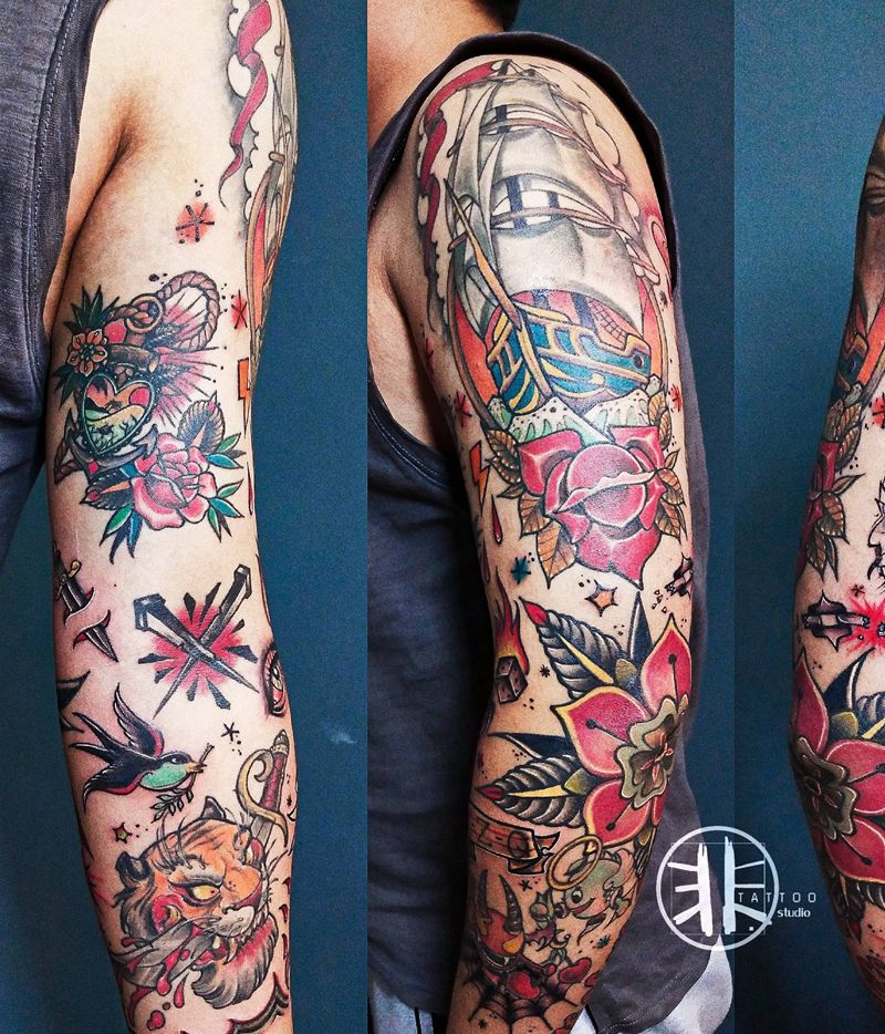 oldschool花臂纹身图片_手臂肩部Old SchoolNew School花臂拼接欧美风格纹身图案