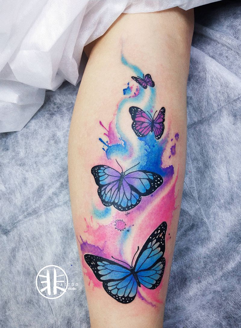 水墨蝴蝶纹身图片_腿部水彩蝴蝶水墨纹身图案