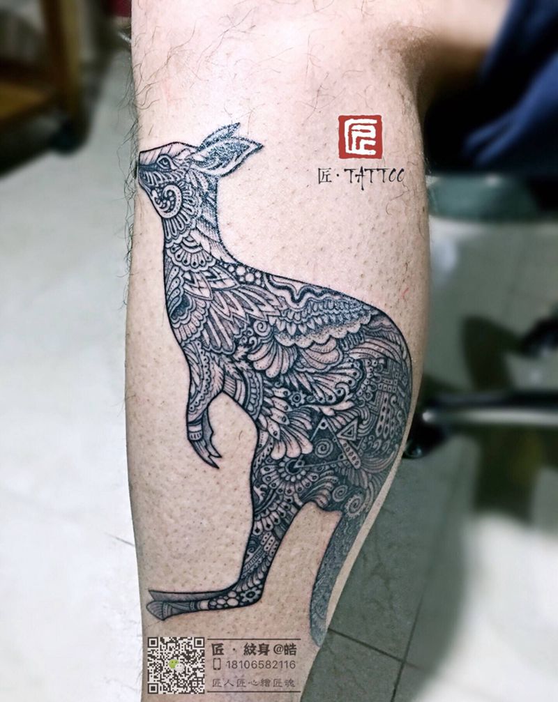 澳洲客人來紋袋鼠纹身图片_成品腿部清新欧美几何动物图腾纹身图案