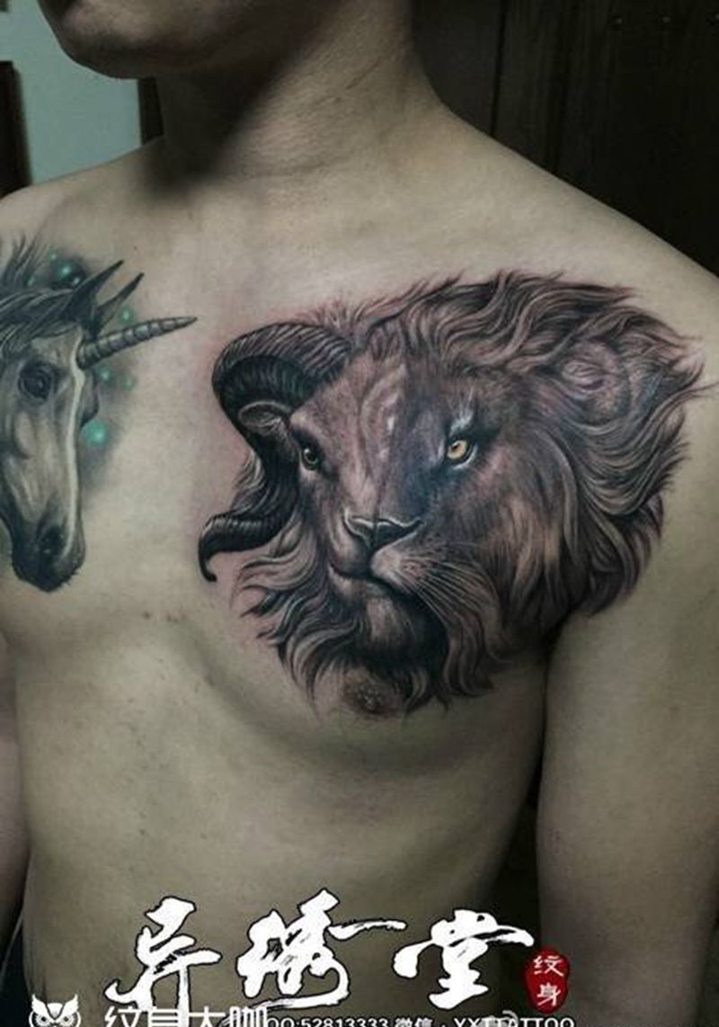 狮子座山羊座纹身图片_成品胸部欧美写实肖像动物原创纹身图案