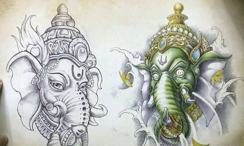 老传统纹身图案#象神 -般若纹纹身图片_肩部背部手部传统鬼神宗教纹身图案