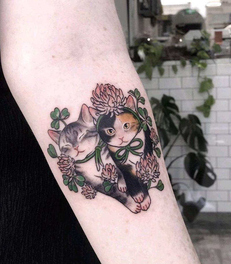 猫纹身图片_腿部手部New School水彩纹身图案