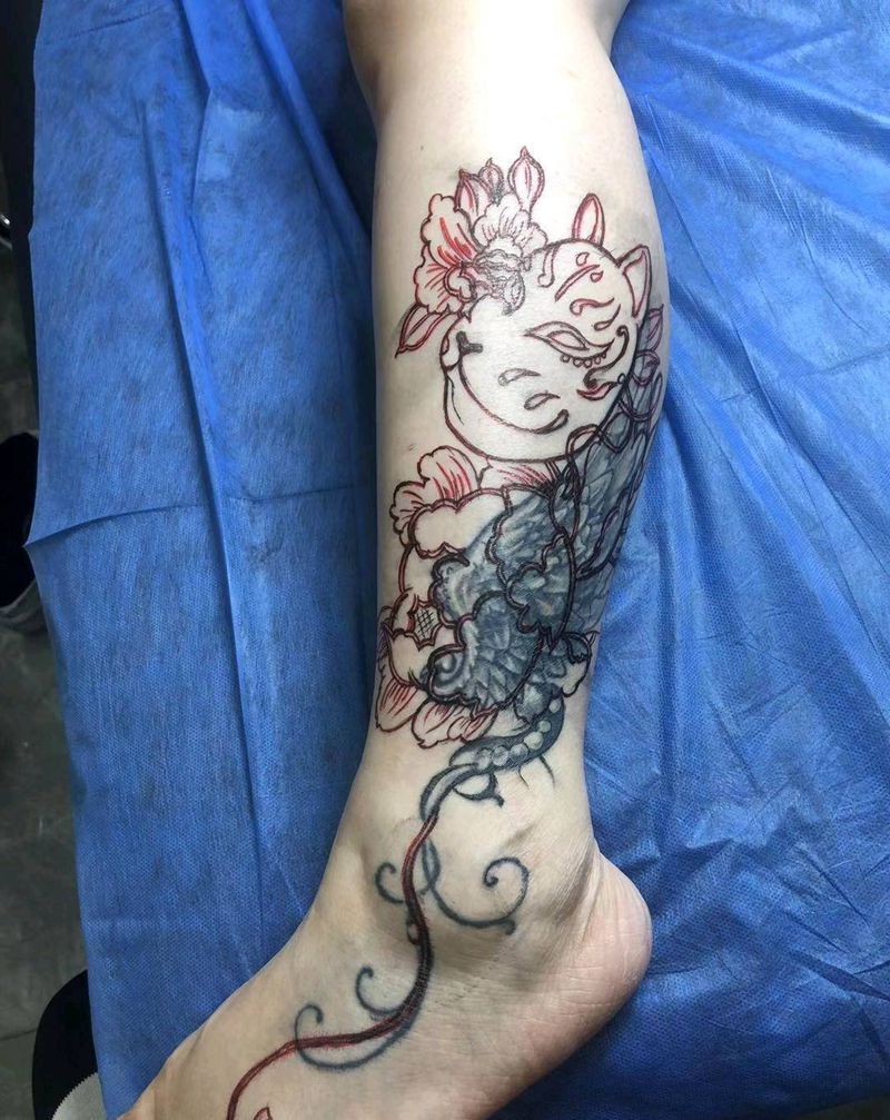 遮盖小腿翅膀纹身图片_腿部新传统水彩纹身图案