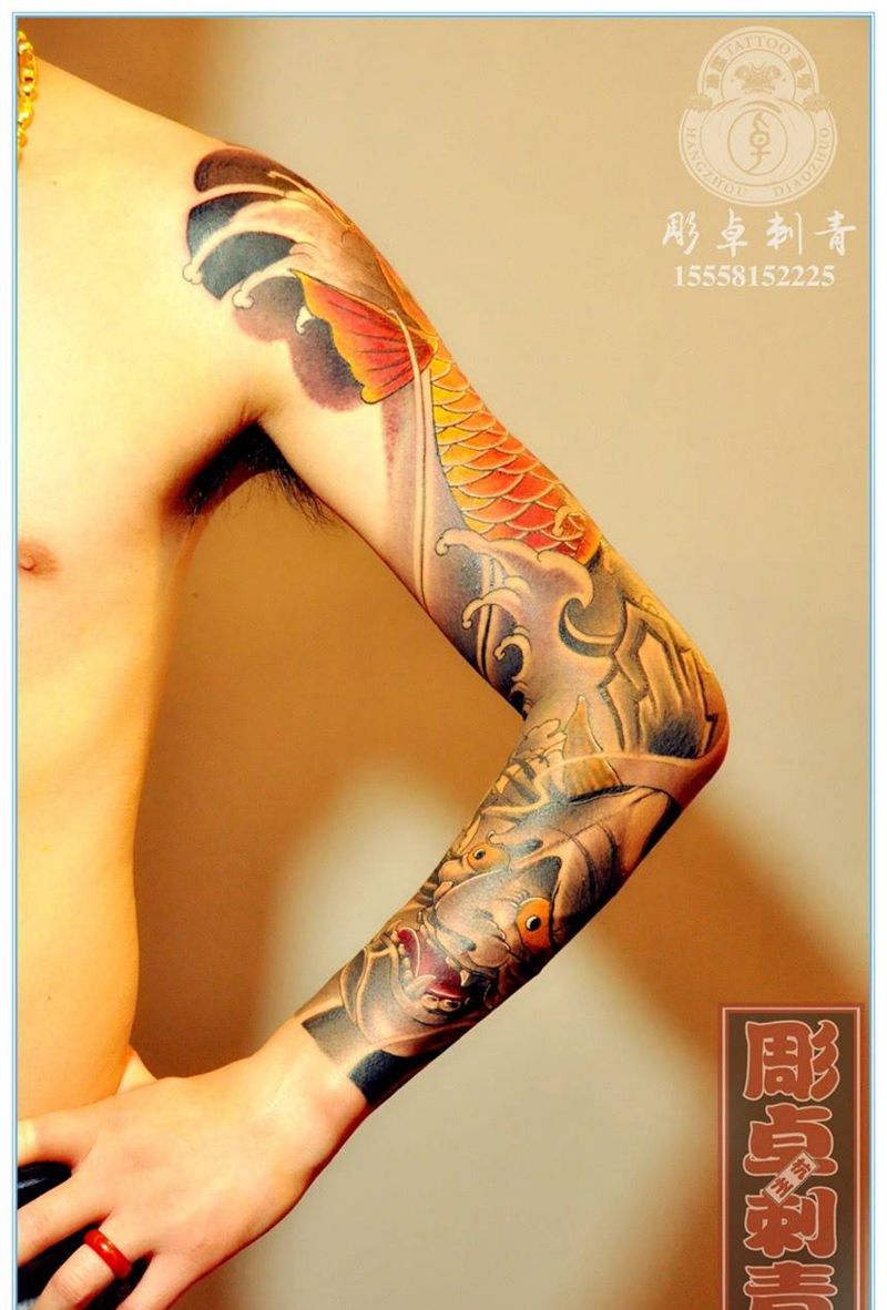 般若鲤鱼花臂纹身图片_成品手臂传统原创花臂般若 鲤鱼杭州纹身图案