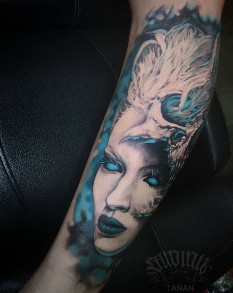 欧美写实小腿外侧纹身图片