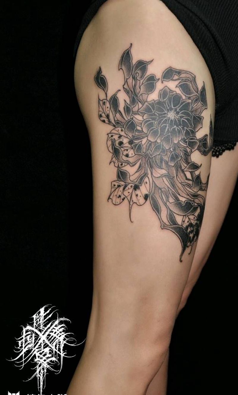 腿部菊花遮盖纹身图片_腿部新传统菊花纹身图案
