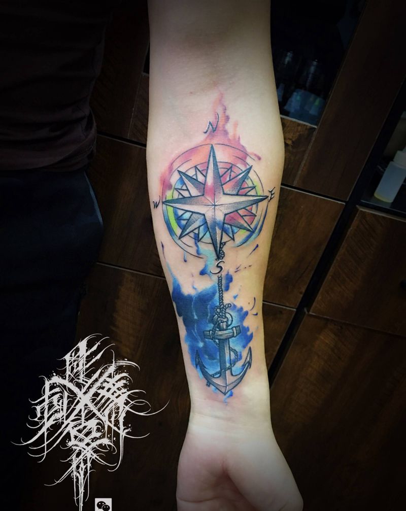 船锚指南针遮盖纹身图片_手臂水彩New School船锚指南针旧图遮盖纹身图案