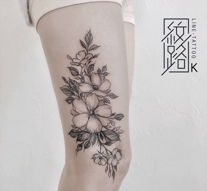 小清新花纹身图片_腿部点刺遮盖纹身图案