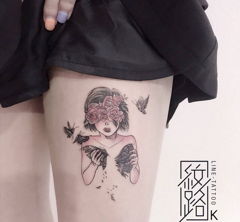 女孩纹身图片_腿部小清新纹身图案