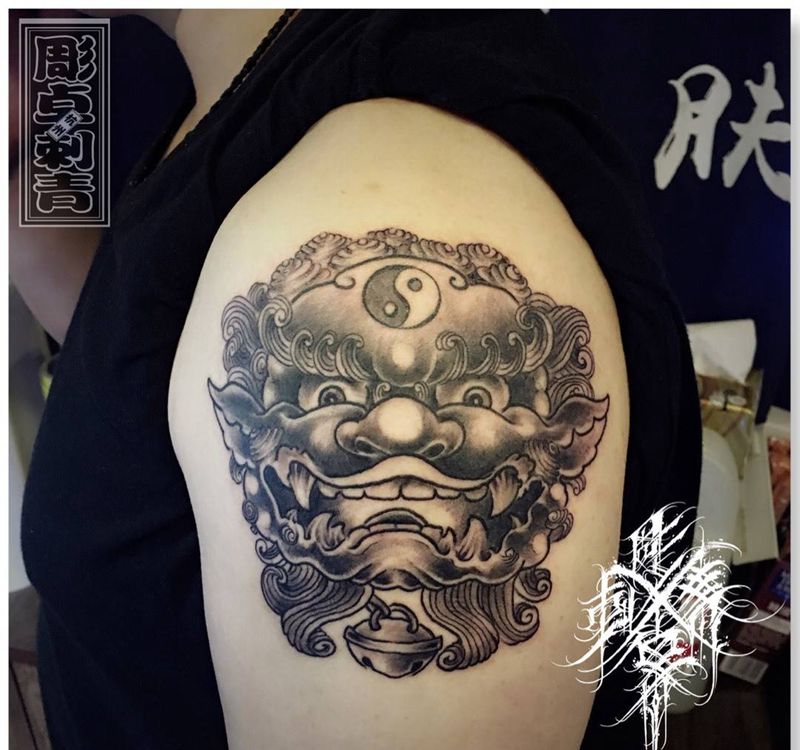 狮子头纹身图片_成品手臂传统动物唐狮纹身图案