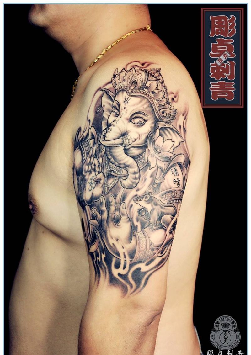 象神纹身图片_成品手臂传统宗教象神纹身图案