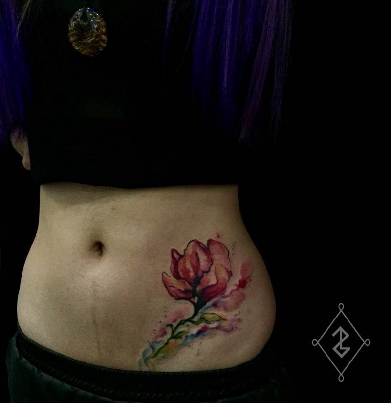 水彩抽象花朵纹身图片_成品腰部腹部清新国画静物植物水墨风格纹身图案