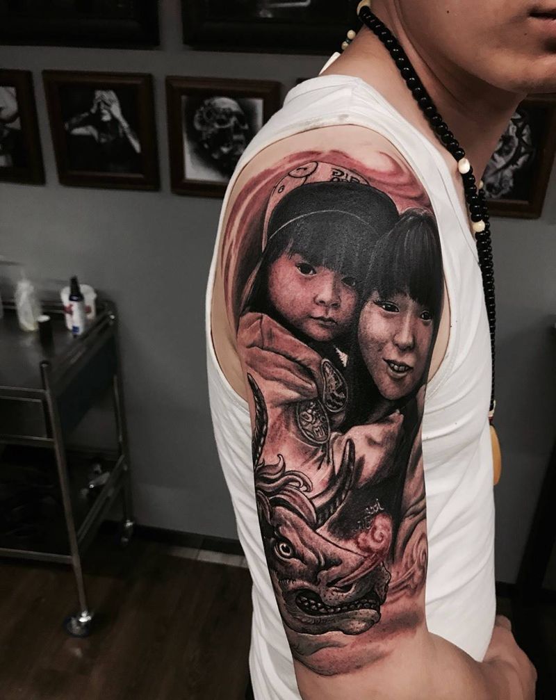 老婆女儿 他属牛纹身图片_成品手臂手部欧美肖像清新写实动物字符几何纹身图案