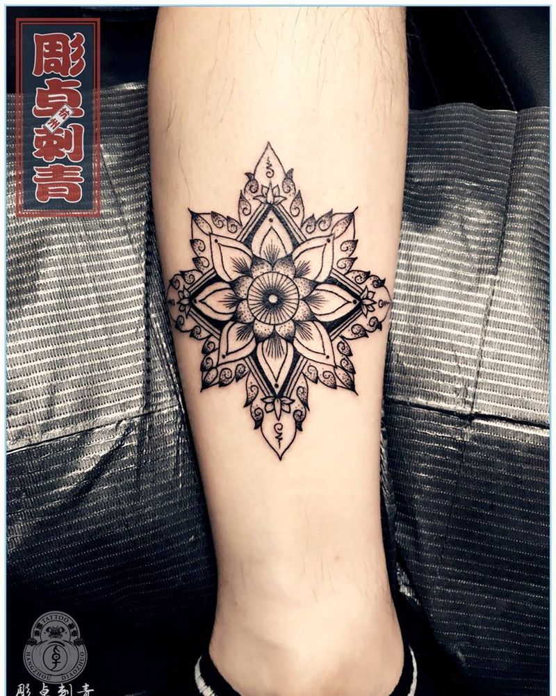 梵花纹身图片_成品腿部欧美清新几何图腾梵花纹身图案