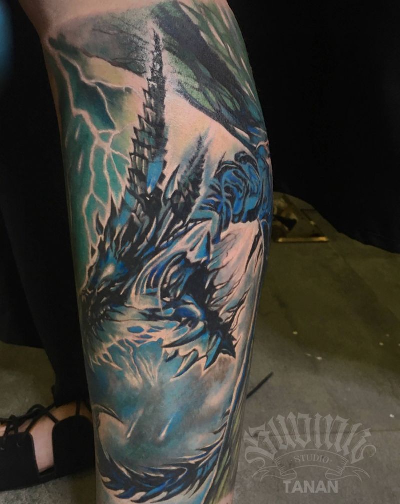 冰霜巨龙 未完纹身图片_成品腿部欧美写实纹身图案