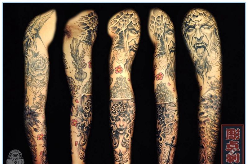 欧美拼接花臂纹身图片_成品手臂欧美写实花臂拼接纹身图案