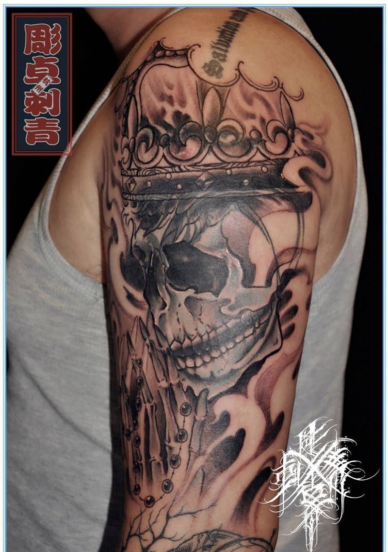 骷髅遮盖纹身图片_成品手臂欧美鬼神宗教修改遮盖骷髅纹身图案