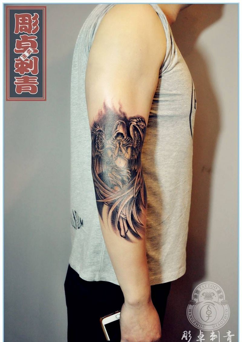 天使遮盖纹身图片_成品手臂欧美宗教大天使杭州遮盖纹身图案
