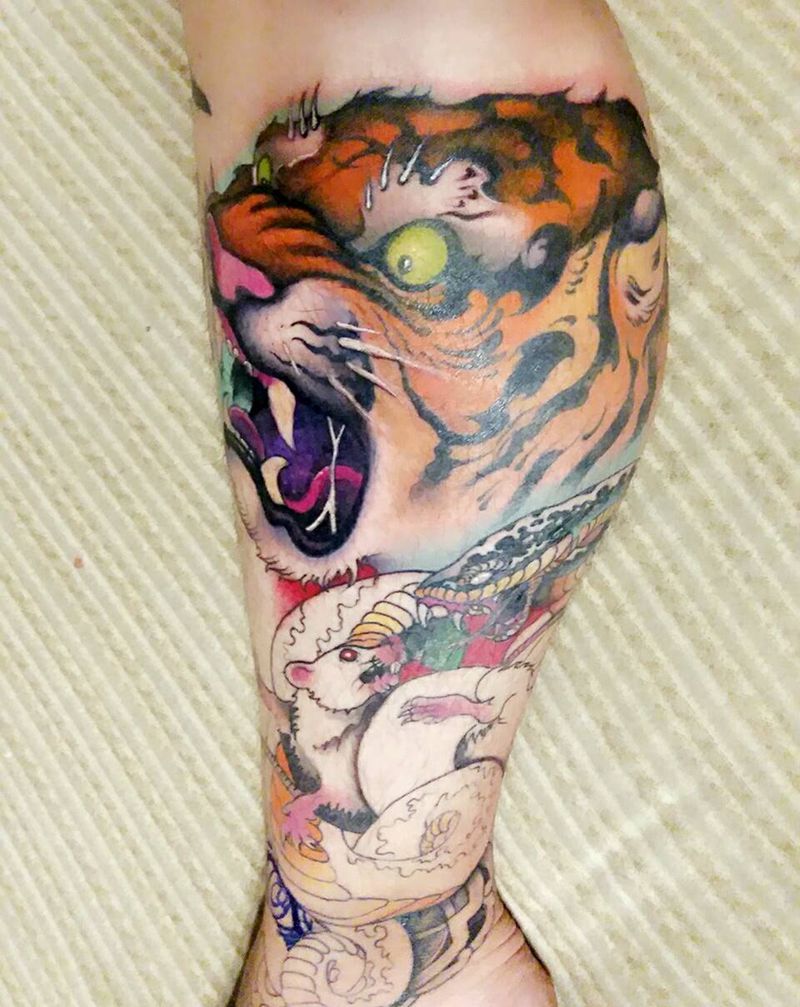 Tiger纹身图片_腿部欧美动物纹身图案