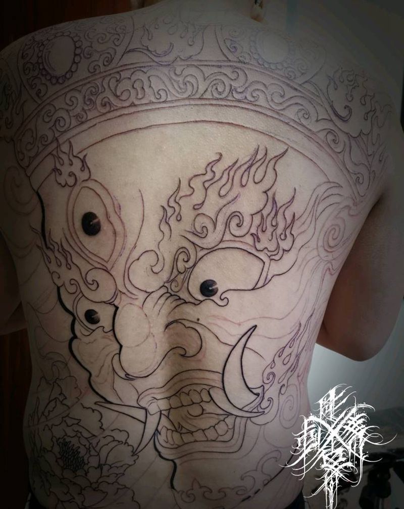 满背大黑天未完纹身图片_背部老传统新传统满背大黑天纹身图案