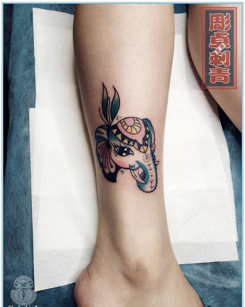 脚踝小象纹身图片_成品脚部腿部清新动物象纹身图案