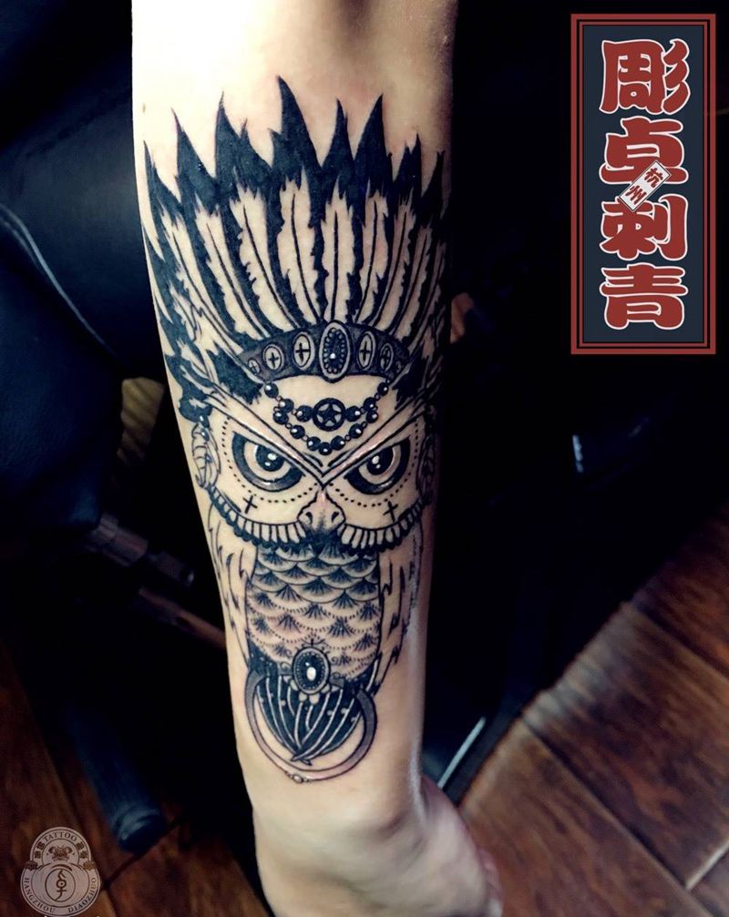 猫头鹰酋长纹身图片_成品手臂欧美图腾猫头鹰纹身图案