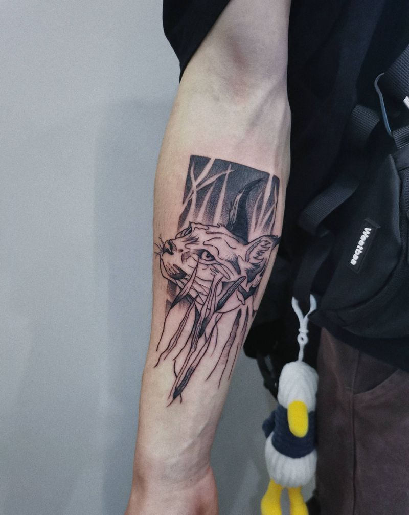 猫纹身图片_手部欧美写实点刺纹身图案