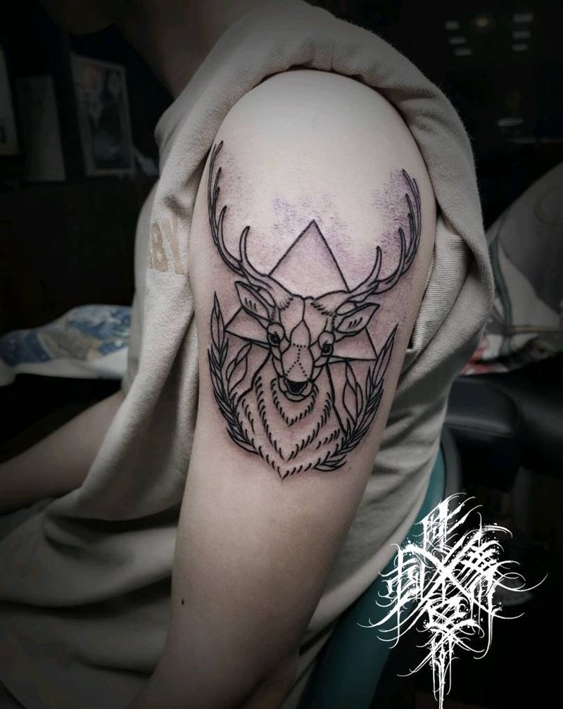 OLDSCHOOL线条鹿纹身图片_手臂Old School纹身图案